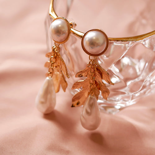 18K Gold Plated Drop Shaped Pearl and Leaf Drop Earrings