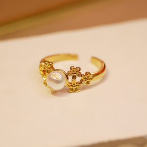 18K Gold Plated Flowers Gold Foiled Baroque Pearl Open Ring