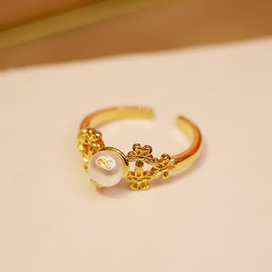 18K Gold Plated Flowers Gold Foiled Baroque Pearl Open Ring