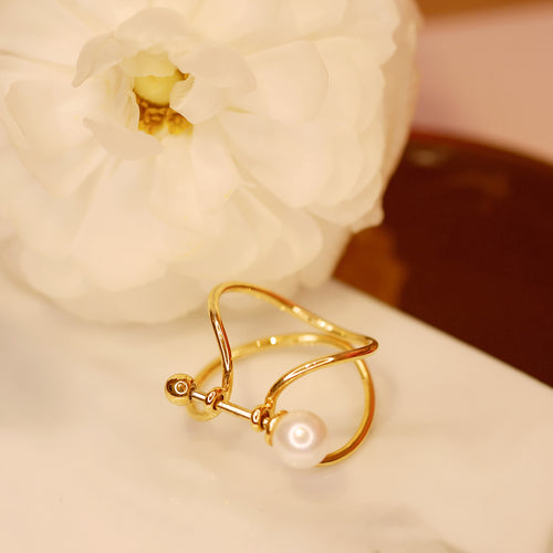 18K Gold Plated Front Open X Shape Pearl Ring