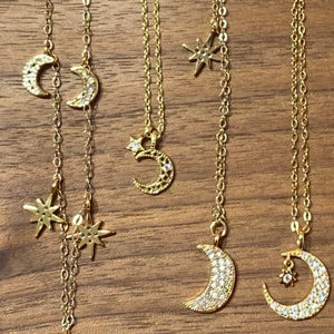 18K Gold Plated Tiny Hollow-out Crescent Moon with Star Necklace