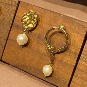 18K Gold Plated Rippled Dise Baroque Pearl Drop Earrings