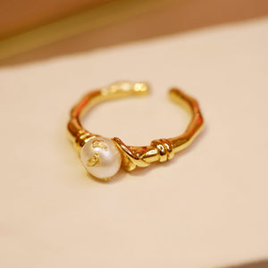 18K Gold Plated Knots Gold Foiled Baroque Pearl Open Ring