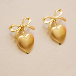 Matte Gold Plated Ribbon Heart Earrings