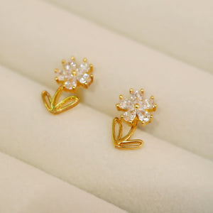 18K Gold Plated Mini Cubic Zirconia Flower Stud Earrings