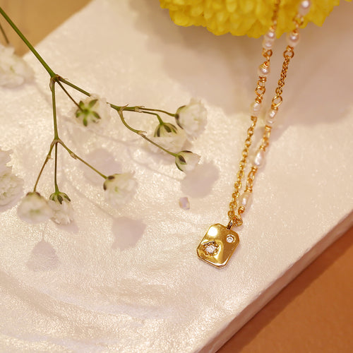 18K Gold Plated Mini Star Pendant Charm Necklace with Mini Pearls