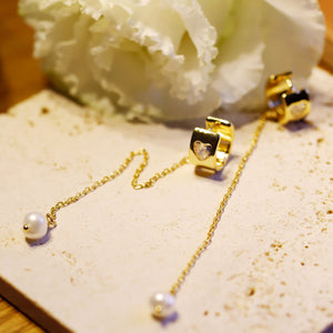 Gold Mini Cubic Zirconia Heart Huggie Pearl Drop Earrings