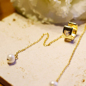 Gold Mini Cubic Zirconia Heart Huggie Pearl Drop Earrings