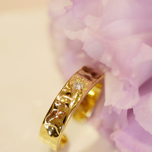 18K Gold Plated Open Titanium Star CZ Hammered Ring