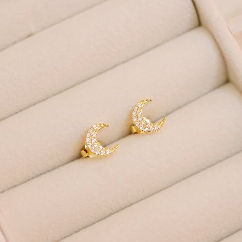 18K Gold Plated Petite Cubic Zirconia Crescent Moon Stud Earrings