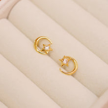 Load image into Gallery viewer, 18K Gold Plated Petite Cubic Zirconia Crescent Moon with Star Stud Earrings