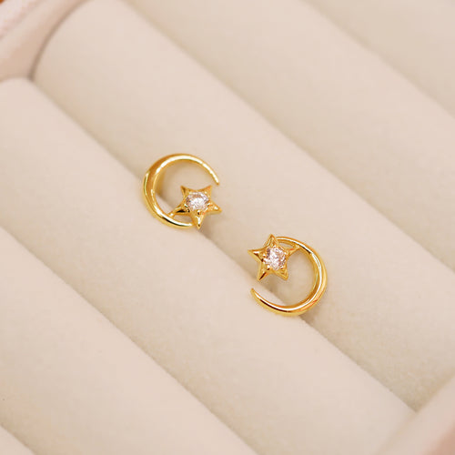 18K Gold Plated Petite Cubic Zirconia Crescent Moon with Star Stud Earrings