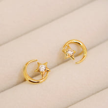 將圖片載入圖庫檢視器 18K Gold Plated Petite Cubic Zirconia Crescent Moon with Star Stud Earrings