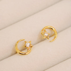 18K Gold Plated Petite Cubic Zirconia Crescent Moon with Star Stud Earrings