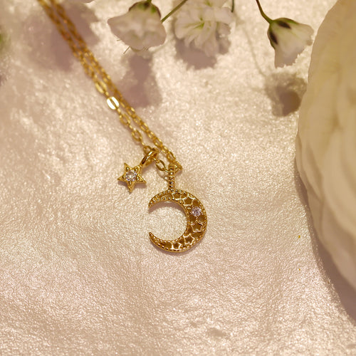 18K Gold Plated Tiny Hollow-out Crescent Moon with Star Necklace