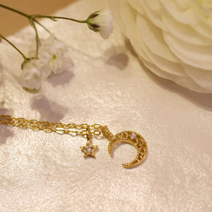 18K Gold Plated Tiny Hollow-out Crescent Moon with Star Necklace