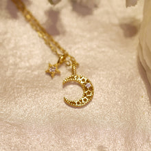 Load image into Gallery viewer, 18K Gold Plated Tiny Hollow-out Crescent Moon with Star Necklace