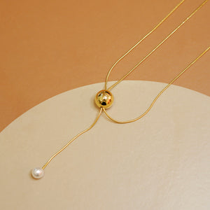 18K Gold Plated Y Shape Golden Ball and Pearl Adjustable Necklace