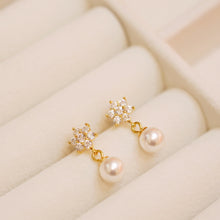 Load image into Gallery viewer, 18K Gold Plated Zircon Flower with Pearl Earrings