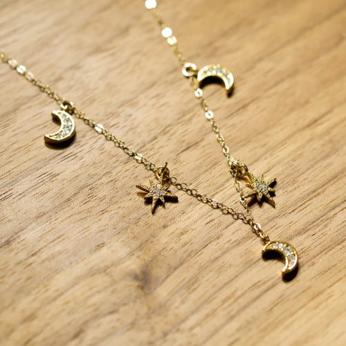 18K Gold Plated Tiny Crescent Moons and Stars Necklace